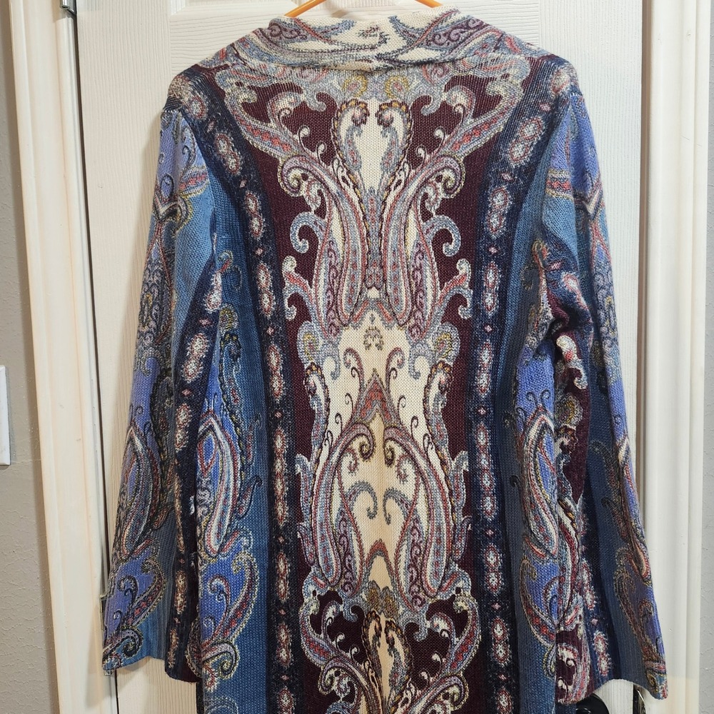Chico's Paisley Jacquard Open Front Duster Cardigan Blue Burgundy Size 2 Large